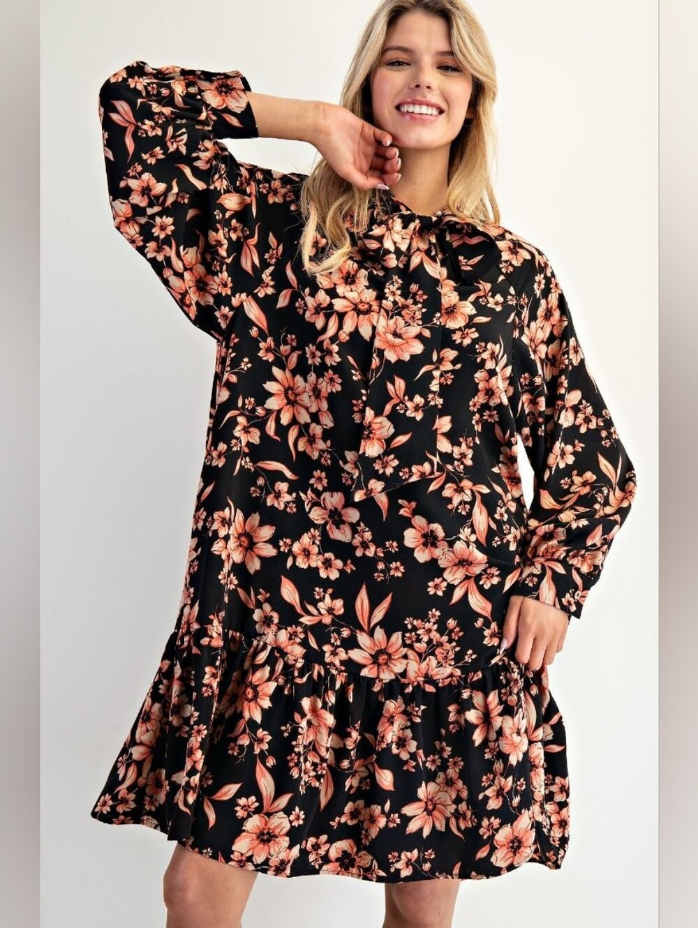 NWOT Easel Mock Neck Tie Bow Printed Wool Peach Ruffle Bottom Dress Size S